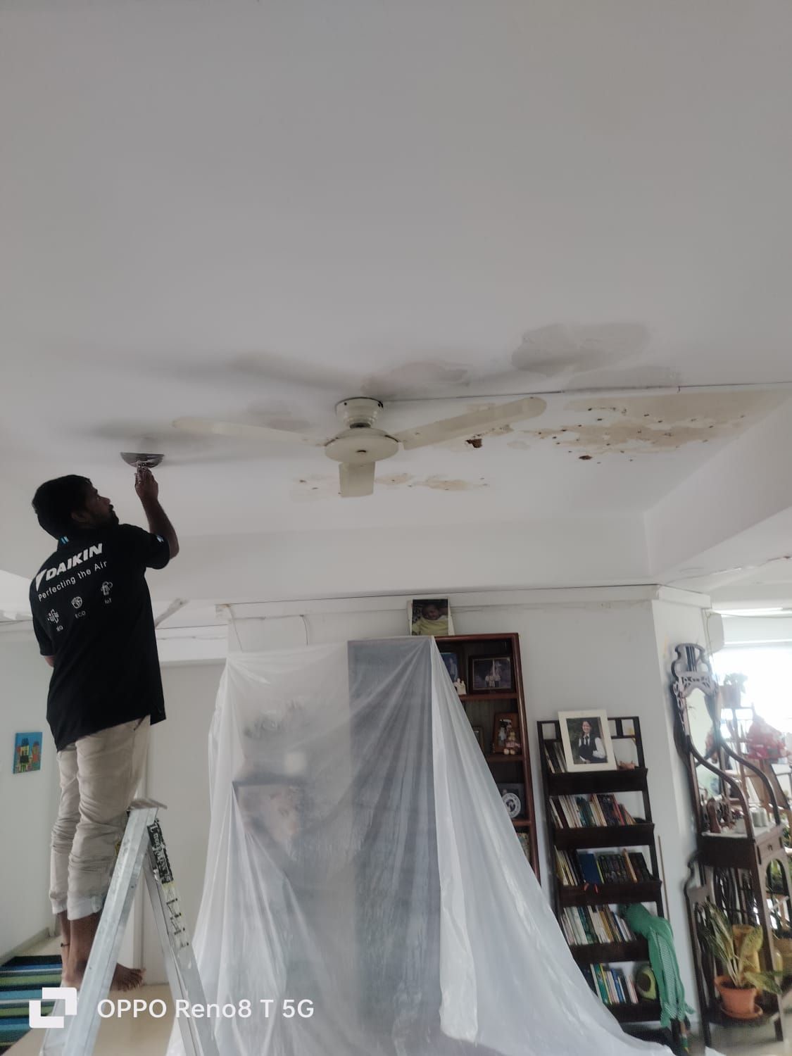 Compressor area flooring leakage need patch and in downstairs ceiling inject epoxy